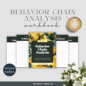 May include: A workbook titled "Behavior Chain Analysis" with a floral cover design, alongside several open pages. The text "Editable with Canva" is visible. A cup of coffee and white flowers are also in the image.