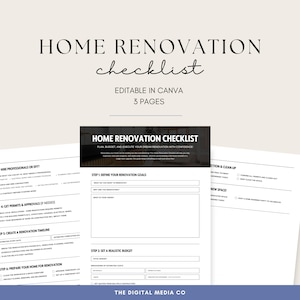 Home Renovation Checklist, Remodel Planner, DIY Home Improvement, Project Tracker, Instant Download, Canva Template for Home Owners