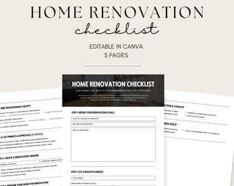 Home Renovation Checklist, Remodel Planner, DIY Home Improvement, Project Tracker, Instant Download, Canva Template for Home Owners