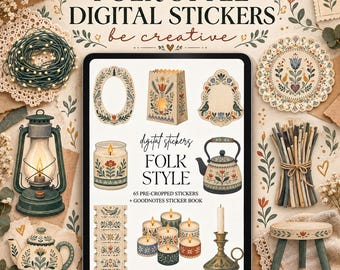 Folk Art Digital Stickers, Goodnotes Sticker Book, Vintage Floral PNGs, Scandinavian Planner Stickers, Cozy Cottage Scrapbooking Kit
