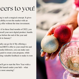 May include: A hand holding two Christmas ornaments, one gold and one red, and a glass of champagne. The text "Cheers to you!" is visible in the background.