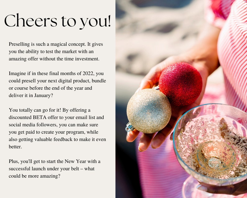 May include: A hand holding two Christmas ornaments, one gold and one red, and a glass of champagne. The text "Cheers to you!" is visible in the background.