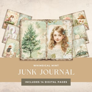 Whimsical Mint Junk Journal Kit Mixed Media, Scrapbook Resource, Digital Download, Paper Crafts, Junk Journal Printable, Card Making