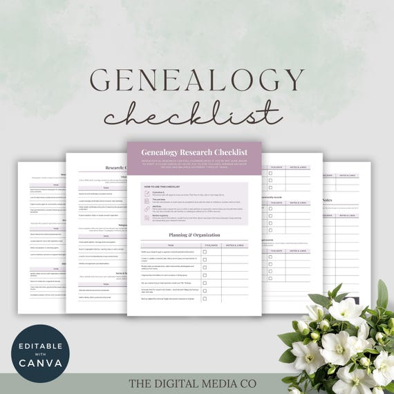 Genealogy Checklist Printable | Ancestry Research Planner | Family Tree Organizer | Editable Canva Template | Genealogy Worksheet PDF