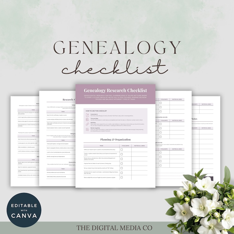 Puede incluir: Una lista de verificaci&oacute;n de genealog&iacute;a con el t&iacute;tulo "Genealogy Checklist" en una fuente manuscrita. La lista de verificaci&oacute;n incluye secciones para investigaci&oacute;n, planificaci&oacute;n y organizaci&oacute;n. Las palabras "Editable with Canva" est&aacute;n en la esquina inferior izquierda.