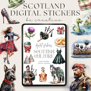 May include: Digital stickers with a Scottish theme. The image showcases illustrations of a woman in a tartan skirt, a bagpipe, a thistle, a Scottish terrier, a high-heeled shoe, a dress, and a horse. Text includes "SCOTLAND DIGITAL STICKERS" and "SCOTTISH CULTURE".