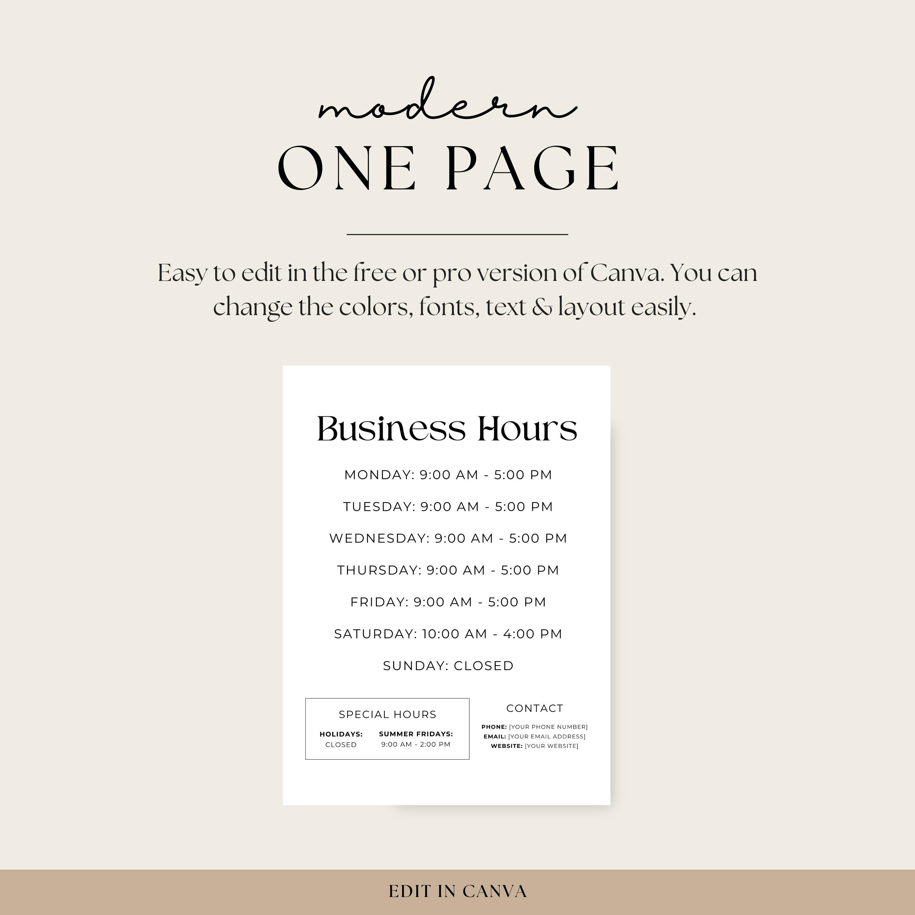 Receiving Hours Sign Editable Business Hours Sign, Printable Store Hours Template, Modern Business ...