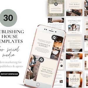 May include: A set of 30 social media templates for publishing houses. The templates feature a modern design with a beige and brown color scheme. The text on the templates includes phrases like "Guidance & Support", "Masterclass", "About Publishing", and "Daily Motivation".