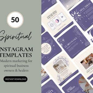 Può includere: Un set di 50 modelli Instagram viola e crema per i proprietari di attività spirituali e guaritori. Il testo "Spiritual Instagram Templates" è visualizzato in un carattere grande. Il testo "Modern marketing for spiritual business owners & healers" è visualizzato in un carattere più piccolo. Il testo "Instant Download" è visualizzato in un pulsante.