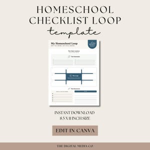 May include: A printable homeschool checklist template with the text "HOMESCHOOL CHECKLIST LOOP template". The template includes sections for daily anchors, essentials, the loop, and resources. The size is 8.5 x 11 inches. The words "EDIT IN CANVA" are also visible.
