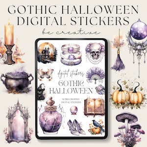 May include: A digital sticker sheet with 56 pre-cropped images featuring a gothic Halloween theme. The stickers include a cauldron, a skull, a crystal ball, a book, a crow, a pumpkin, a mushroom, a bottle of potion, a spider web, a witch's hat, a broom, a crescent moon, a castle, a pair of shoes, a butterfly, a fan, and a candle.