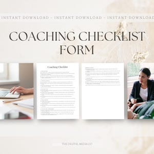 May include: A printable coaching checklist form with sections for preparation, discovery, strategizing, and action and commitment. The form is designed to help coaches guide their clients through a structured process.