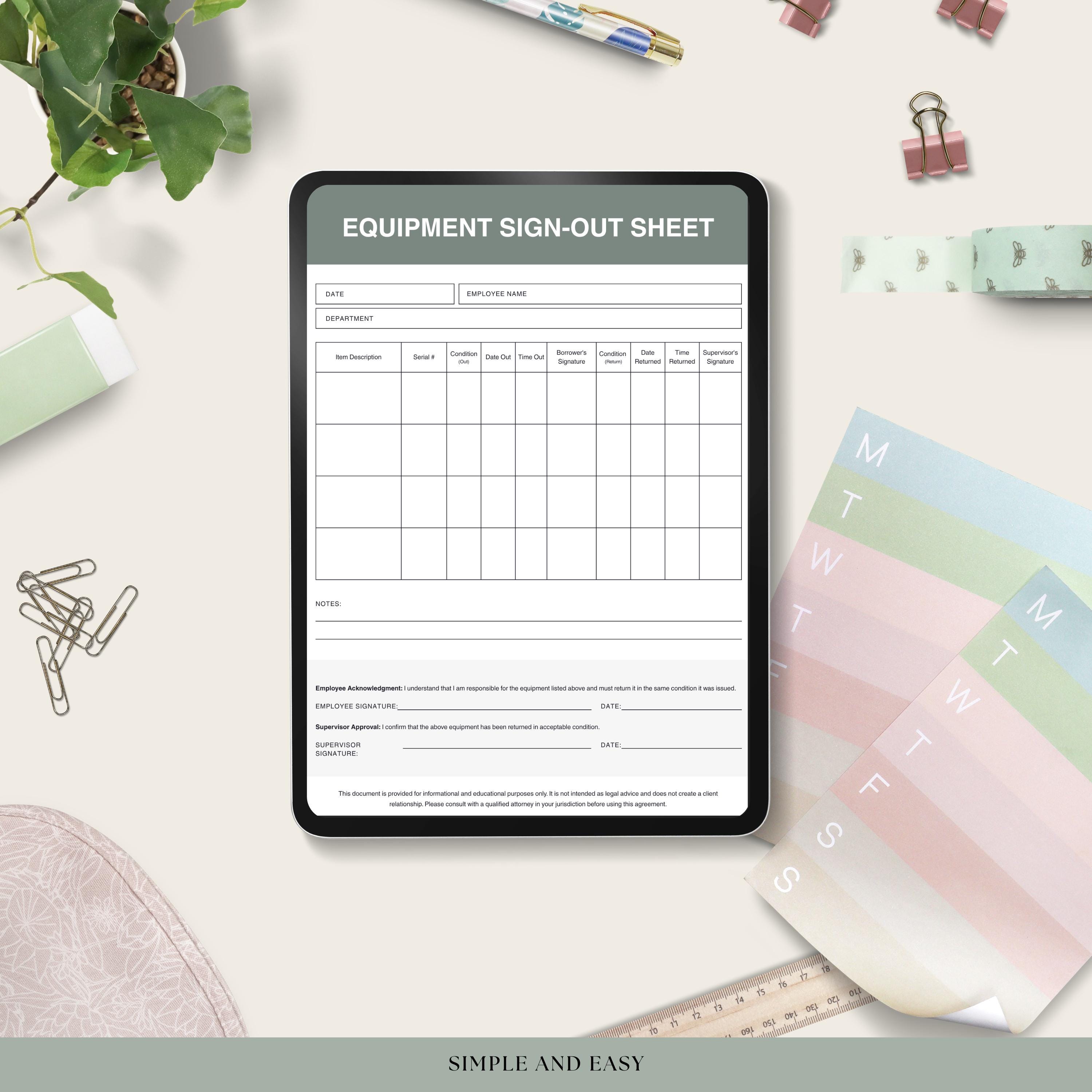 Equipment Sign Out Sheet, Editable Log Sheet for Tool Checkout ...