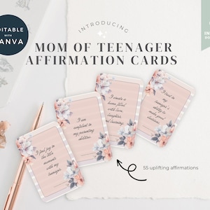 Mom of Teens Affirmationskarten Vorlage Canva, Positive Sätze für Kinder, druckbare Teenagerkarten, bearbeitbare Elternschaft Affirmation Deck