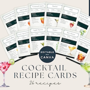 Cartões de Receitas de Coquetéis, Cartões de Receitas de Bebidas para Imprimir para Bar em Casa, Presente de Mixologia, Download Instantâneo, Modelos de Bar Canva, Marketing de Barman