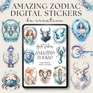 Zodiac Signs Stickers, Birth Sign Symbols, Water Color Horoscope Graphics, Astrology PNG, Birthday Sticker Set, Gemini, Scorpio, Moon Lover