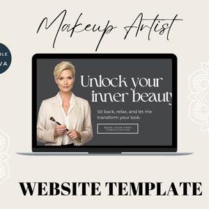 May include: Website template for a makeup artist with a woman holding a makeup brush and the text "Unlock your inner beauty. Sit back, relax, and let me transform your look. Book your free consultation."