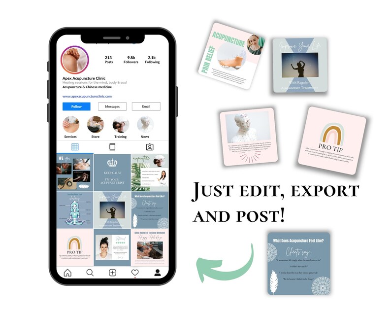 May include: A screenshot of a mobile phone displaying a social media profile for Apex Acupuncture Clinic. The profile includes a grid of images showcasing acupuncture treatments, including a person receiving acupuncture, a close-up of needles, and a person meditating. The text "PRO TIP" is visible on one of the images. The profile also includes a call to action to "Follow" the clinic.