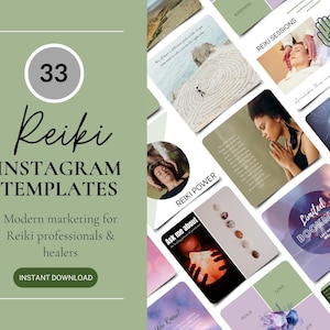 May include: A set of 33 Instagram templates for Reiki professionals and healers. The templates feature a variety of designs, including images of hands, crystals, and nature scenes. The text on the templates includes phrases like "Reiki Power", "Ask me about", "Limited Bookings", and "Distance Healing".