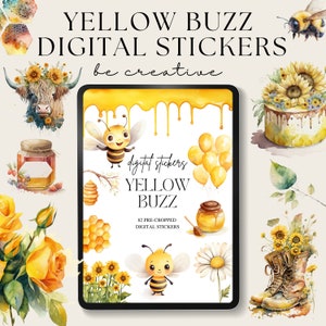 May include: Digital sticker set featuring yellow and white bees, honeycombs, sunflowers, and other yellow and white themed illustrations. The text "digital stickers YELLOW BUZZ 82 PRE-CROPPED DIGITAL STICKERS" is on the image.