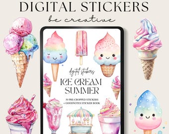 Ice Cream Summer Digital Journal Stickers, Seasonal Sticker Collection, Goodnotes Sticker Set, Icecream Stickers, Summertime Planner Sticker