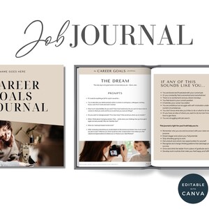 Może przedstawiać: Otwarta książka z tytułem "Career Goals Journal" na okładce. Książka jest otwarta na stronie z nagłówkiem "The Dream" i listą wskazówek dotyczących ustalania celów zawodowych. Następna strona ma nagłówek "Jeśli coś z tego brzmi znajomo..." i listę stwierdzeń, które mogą rezonować z kimś, kto szuka nowej ścieżki kariery. Książka znajduje się na szarym tle z tekstem "Editable with Canva" w prawym dolnym rogu.