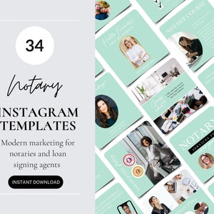 34 Notary Instagram Templates, Public Notary Marketing, Loan Signing Agent Social Media, Mint Canva Templates For Notaries, Notary bundle