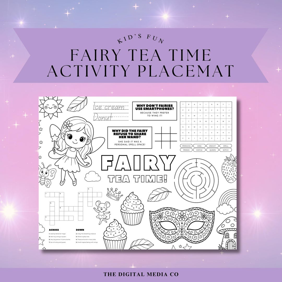 Fairy Activity Placemat for Kids, Printable Coloring & Games Mat, Tooth ...