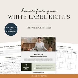 Puede incluir: Una plantilla de marketing digital con el texto "White Label Rights" y "Elevate Your Business". La imagen incluye una mujer meditando, una hoja de trabajo de actividad diaria y una lista de verificaci&oacute;n. La plantilla es editable con Canva.
