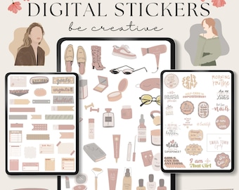May include: A digital sticker sheet with a boho theme featuring illustrations of makeup, skincare, fashion accessories, and inspirational quotes. The stickers are in shades of pink, brown, and white.