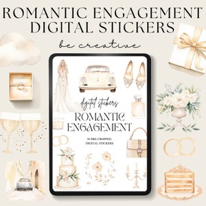 May include: A digital sticker sheet with 50 pre-cropped stickers featuring romantic engagement themes. The stickers are in a watercolour style and include images of a bride, a car, a ring, champagne flutes, a cake, flowers, and a handbag. The text "digitat stickers ROMANTIC ENGAGEMENT 50 PRE-CROPPED DIGITAL STICKERS" is on the sheet.