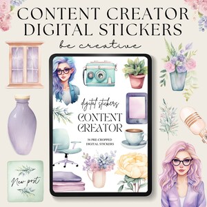 May include: A digital sticker set for content creators featuring 56 pre-cropped stickers. The stickers include a camera, a potted plant, a cup of coffee, a microphone, a laptop, a chair, a vase, a flower arrangement, and a woman with glasses. The stickers are in a watercolour style and have a light and airy feel.