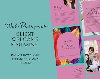 Puede incluir: Una revista de bienvenida para clientes, diseñada para diseñadores web, utiliza una combinación de colores rosa y turquesa. La revista incluye secciones tituladas "Hola, soy June", "Empecemos", "Guía de bienvenida al diseño web", "Redacción de textos" y "Recursos de incorporación de clientes".