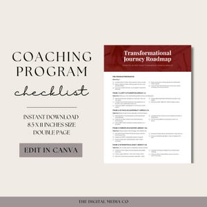 May include: A digital coaching program checklist with the title "Coaching Program Checklist" in a stylish font. The checklist is 8.5 x 11 inches in size and is available for instant download. The text "Edit in Canva" is also visible.