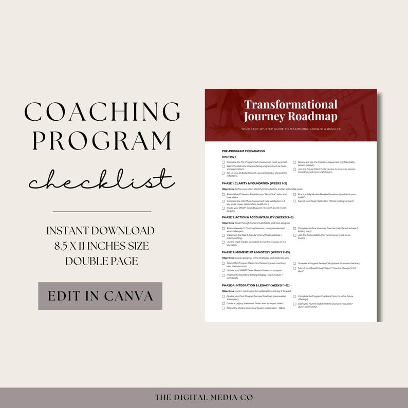 May include: A digital coaching program checklist with the title "Coaching Program Checklist" in a stylish font. The checklist is 8.5 x 11 inches in size and is available for instant download. The text "Edit in Canva" is also visible.