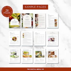 May include: A digital cookbook with sample pages displayed. The cover features the text "NOURISH YOUR BODY" with images of fresh vegetables. The pages include recipes and meal plans. The text "SAMPLE PAGES" is at the top.