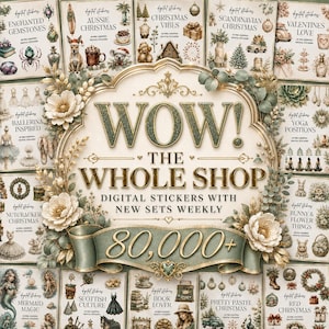 Könnte beinhalten: Eine Werbegrafik für eine digitale Sticker-Kollektion mit dem Text WOW! THE WHOLE SHOP DIGITAL STICKERS WITH NEW SETS WEEKLY 80,000+, umrahmt von einem goldenen Ornamentrahmen, floralen Akzenten und verschiedenen Sticker-Vorschauen.