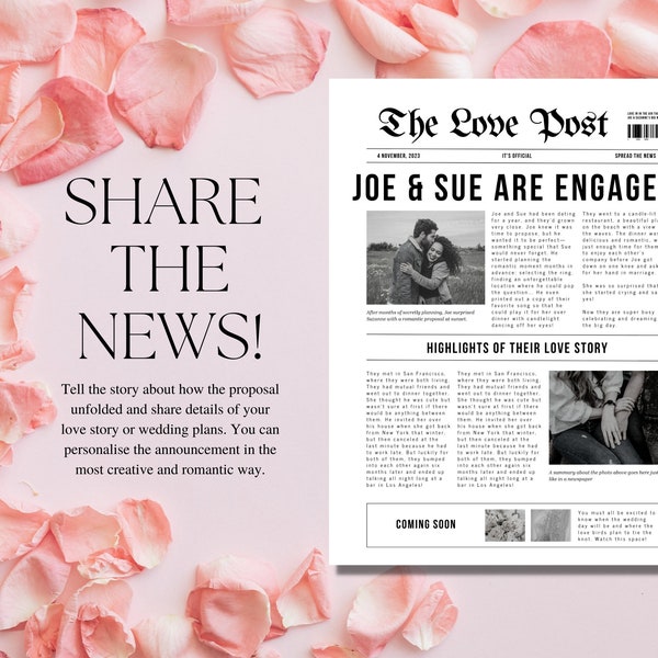 Canva Newspaper Template, Editable Newspaper, Editable Engagement Announcement, Unique Wedding Decor, Personalized Canva Photo Template