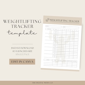 May include: Printable weightlifting tracker template in black and white. The template includes sections for month, exercise, sets, reps, weight, cardio, time, distance, intensity, heart rate, and calories. The text "WEIGHTLIFTING TRACKER" is at the top of the page. The text "INSTANT DOWNLOAD 8.5 X 11 INCHES SIZE SINGLE PAGE EDIT IN CANVA" is at the bottom of the page.