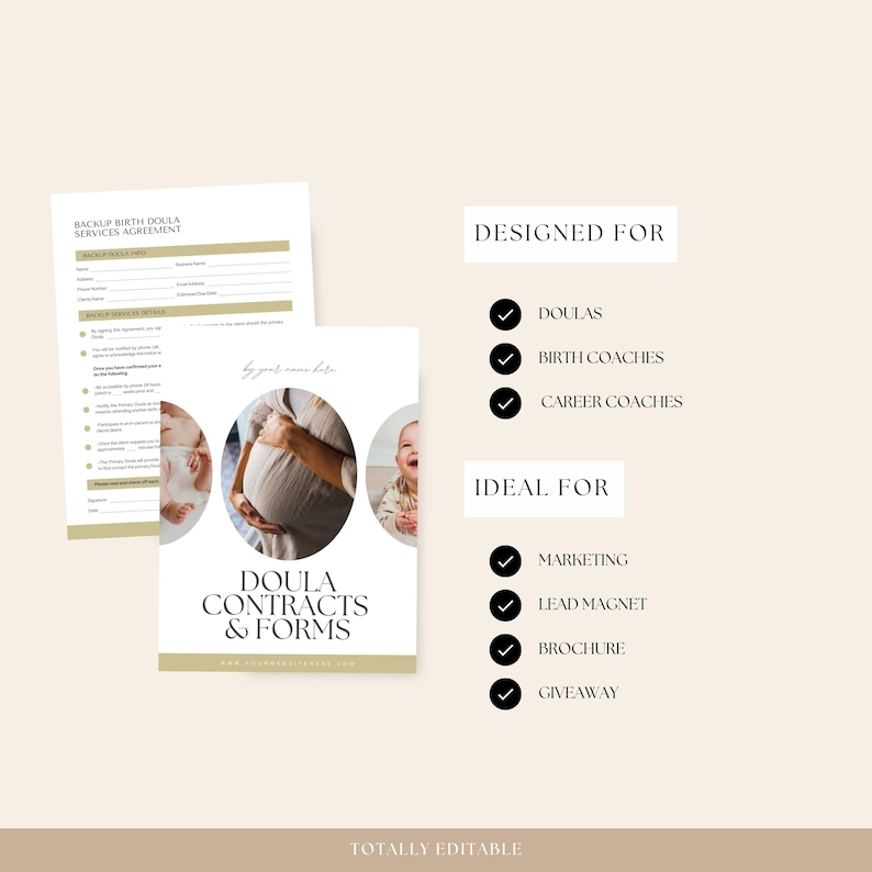 May include: A digital download of a doula contract and forms template. The template is designed for doulas, birth coaches, and career coaches. It is ideal for marketing, lead magnets, brochures, and giveaways. The template is totally editable.