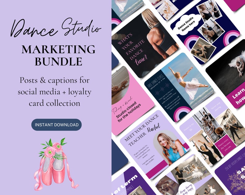 May include: A digital marketing bundle for dance studios. The bundle includes social media posts and captions, as well as loyalty card designs. The image features a pink and purple colour scheme with a watercolour illustration of pink ballet shoes.
