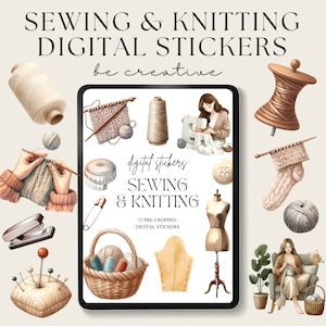 Sewing and Knitting Stickers, Cropped Png Files, Embroidery Clipart, Crochet Embellishments, Crafty Ipad Planning, Sticker Kit for Crafters