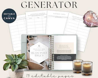 May include: A gray and white planner with the text "Blog Post Idea Generator" and "Blog Post Idea's" on the cover. The planner is open to a page with the text "Blog Post Generator Introduction" and "How It Works". The planner is sitting on a table with two lit candles.