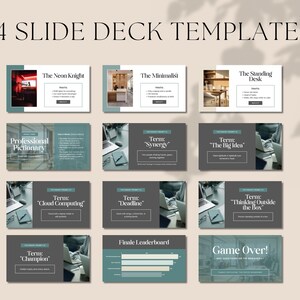 Pu&ograve; includere: Un'immagine che mostra 24 modelli di slide deck. I modelli presentano vari design con testo come "The Neon Knight", "The Minimalist" e "The Standing Desk". La combinazione di colori include elementi teal, grigi e bianchi.