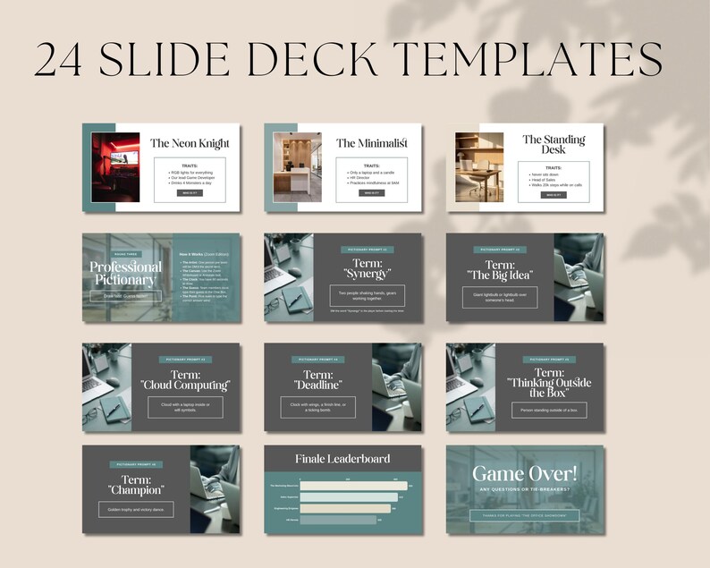 Pu&ograve; includere: Un'immagine che mostra 24 modelli di slide deck. I modelli presentano vari design con testo come "The Neon Knight", "The Minimalist" e "The Standing Desk". La combinazione di colori include elementi teal, grigi e bianchi.