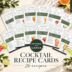 Cocktail Recipe Cards, Printable Drink Recipe Cards for Home Bar, Mixology Gift, Instant Download, Canva Bar Templates, Barman Marketing