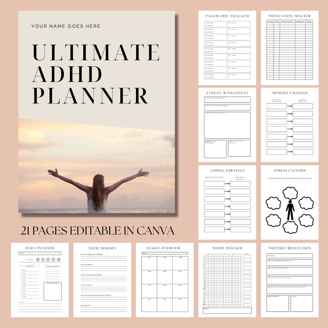 Mental Health for ADHD Planner, Simple Planner Digital Download, Canva ...