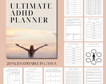 Mental Health For ADHD Planner, Simple Planner Digital Download, Canva Templates Planner, Digital Download Planner Canva, Planner Bundle