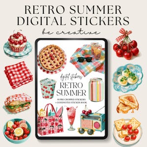 May include: A collection of retro summer digital stickers featuring illustrations of cherry-topped cupcakes, red gingham napkins, fruit pies, iced drinks, sunglasses, a cherry-patterned tote bag, a milkshake, a vintage radio, and various snacks.