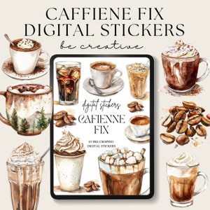 Stickers pour agenda numérique Caffiene Fix | Ensemble d'autocollants numériques | Autocollants Goodnotes | Stickers lattés | Stickers café tous les jours | Boissons chaudes